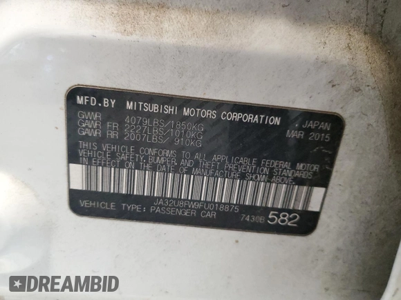 2015 Mitsubishi Lancer GT with VIN JA32U8FW9FU018875, listed as a Copart auction lot 41967595 with 142,605 mi miles and Salvage Title. Bid and sale history available at carsss.com. Image 12.