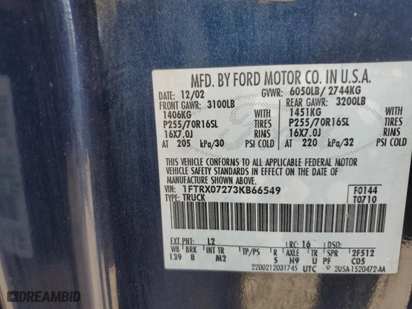 2003 Ford F-150 XL with VIN 1FTRX07273KB66549, listed as a Copart auction lot 83552004 with 205,026 mi miles and Salvage Title. Bid and sale history available at carsss.com. Image 12.