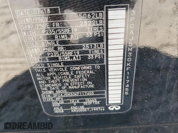 2019 Infiniti QX50 Essential с VIN 3PCAJ5M30KF117455, выставлен на аукционе Copart как лот 62079935 с пробегом 38 408 миль миль и Списание • Salvage title. История ставок и продаж доступна на DreamBid. Изображение 13.