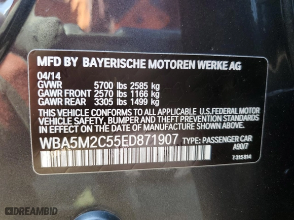 2014 BMW 5 Series Gran Turismo 535i with VIN WBA5M2C55ED871907, listed as a Copart auction lot 73001564 with 90,576 mi miles and Salvage Title. Bid and sale history available at carsss.com. Image 13.