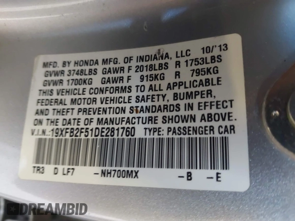 2013 Honda Civic LX with VIN 19XFB2F51DE281760, listed as a IAAI auction lot 41649800 with 81,005 mi miles and . Bid and sale history available at DreamBid. Image 9.