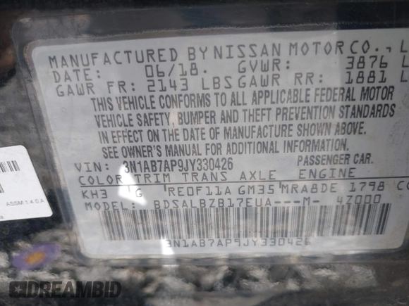 2018 Nissan Sentra S with VIN 3N1AB7AP9JY330426, listed as a IAAI auction lot 41829810 with 167,595 mi miles and . Bid and sale history available at DreamBid. Image 9.