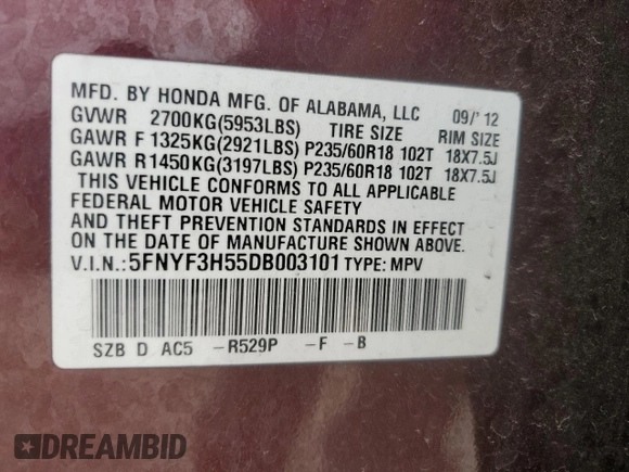 2013 Honda Pilot EX-L with VIN 5FNYF3H55DB003101, listed as a Copart auction lot 49691995 with 179,598 mi miles and Clean title. Bid and sale history available at DreamBid. Image 13.