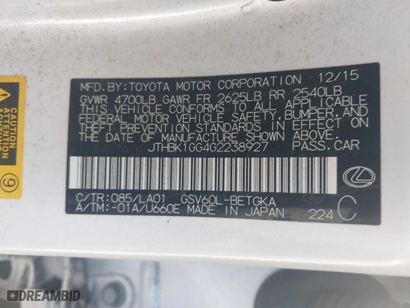 2016 Lexus ES 350 with VIN JTHBK1GG4G2238927, listed as a IAAI auction lot 40617049 with 127,054 mi miles. Bid and sale history available at carsss.com. Image 9.