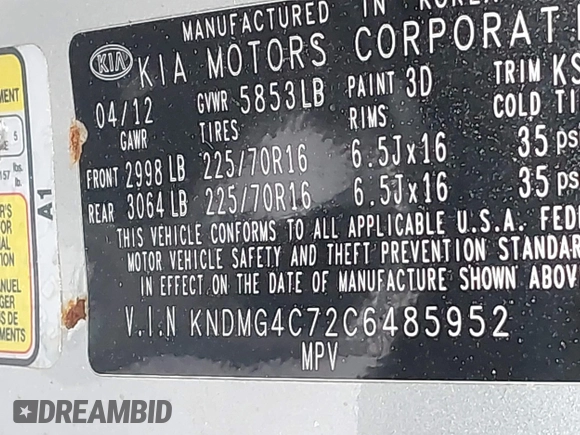 2012 Kia Sedona LX with VIN KNDMG4C72C6485952, listed as a IAAI auction lot 42029147 with 129,296 mi miles. Bid and sale history available at carsss.com. Image 9.