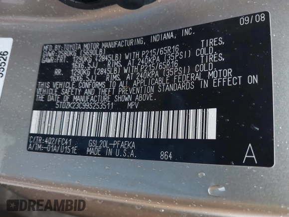 2009 Toyota Sienna CE with VIN 5TDZK23C99S253511, listed as a IAAI auction lot 41556433 with 239,778 mi miles and . Bid and sale history available at DreamBid. Image 9.