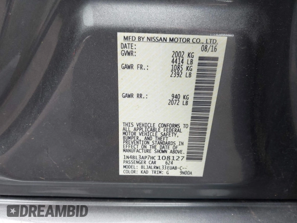 2017 Nissan Altima SL with VIN 1N4BL3AP7HC108127, listed as a IAAI auction lot 42371479 with 55,000 mi miles and . Bid and sale history available at DreamBid. Image 9.