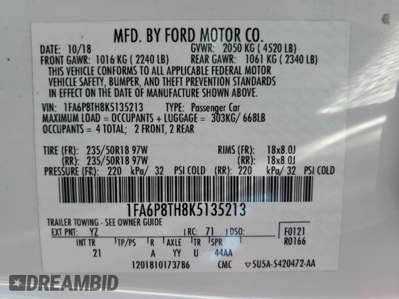 2019 Ford Mustang EcoBoost with VIN 1FA6P8TH8K5135213, listed as a Copart auction lot 64869275 with 84,700 mi miles and Salvage title. Bid and sale history available at DreamBid. Image 12.