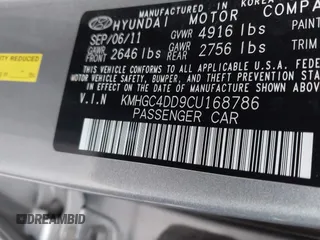 2012 Hyundai Genesis 3.8L with VIN KMHGC4DD9CU168786, listed as a IAAI auction lot 41933681 with 121,448 mi miles. Bid and sale history available at carsss.com. Image 9.