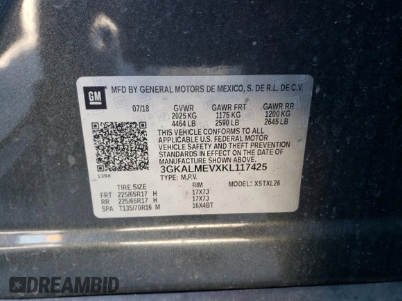 2019 GMC Terrain SLE with VIN 3GKALMEVXKL117425, listed as a Copart auction lot 57951545 with 72,957 mi miles and Salvage title. Bid and sale history available at DreamBid. Image 13.