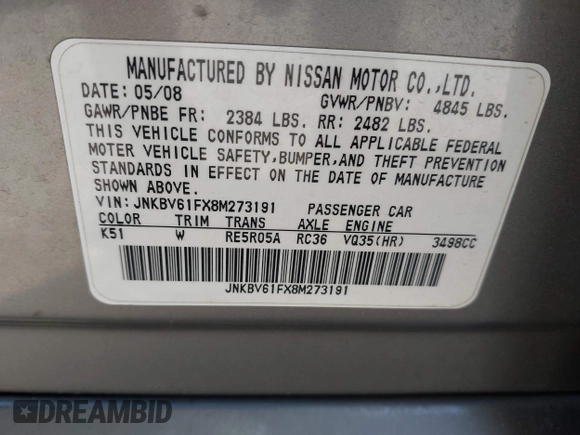 2008 Infiniti G35 Sedan x with VIN JNKBV61FX8M273191, listed as a IAAI auction lot 41925726 with 234,204 mi miles. Bid and sale history available at carsss.com. Image 9.
