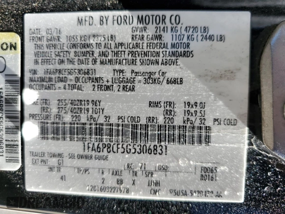 2016 Ford Mustang GT with VIN 1FA6P8CF5G5306831, listed as a Copart auction lot 45882825 with 84,528 mi miles and Salvage Title. Bid and sale history available at carsss.com. Image 12.