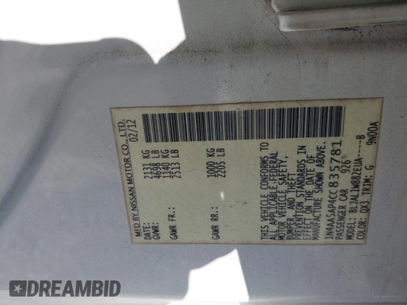 2012 Nissan Maxima S с VIN 1N4AA5AP4CC835781, выставлен на аукционе IAAI как лот 41832483 с пробегом 218 815 миль миль и . История ставок и продаж доступна на DreamBid. Изображение 9.