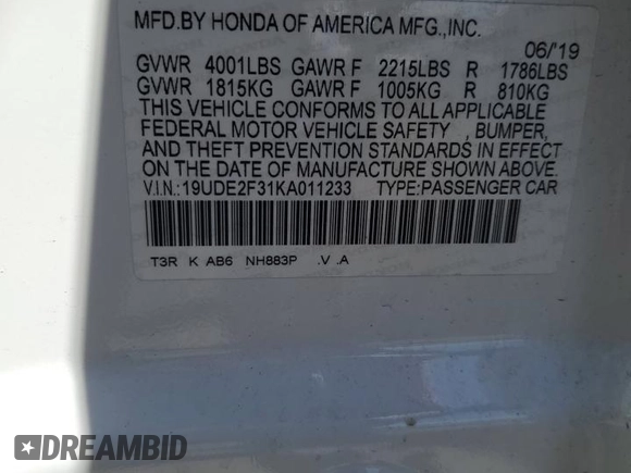 2019 Acura ILX with VIN 19UDE2F31KA011233, listed as a Copart auction lot 54358455 with Not provided miles and Salvage title. Bid and sale history available at DreamBid. Image 13.
