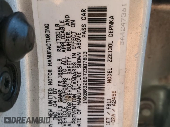2007 Toyota Corolla CE with VIN 1NXBR32E67Z907813, listed as a Copart auction lot 83471674 with 139,487 mi miles and Salvage Title. Bid and sale history available at carsss.com. Image 12.