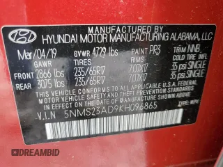 2019 Hyundai Santa Fe SE with VIN 5NMS23AD9KH096865, listed as a Copart auction lot 51138455 with 89,186 mi miles and Salvage Title. Bid and sale history available at carsss.com. Image 14.
