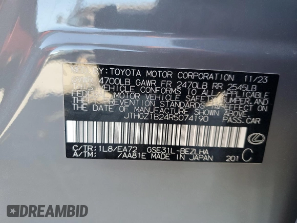 2024 Lexus IS 350 F Sport with VIN JTHGZ1B24R5074190, listed as a Copart auction lot 57615815 with 7,209 mi miles and Salvage title. Bid and sale history available at DreamBid. Image 12.