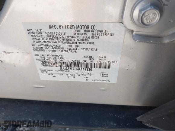 2021 Ford EcoSport S with VIN MAJ3S2FE6MC449330, listed as a IAAI auction lot 37742127 with 38,306 mi miles and . Bid and sale history available at DreamBid. Image 9.