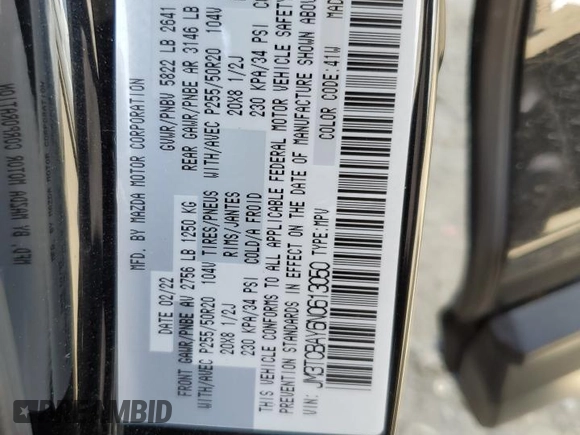 2022 Mazda CX-9 Touring Plus with VIN JM3TCBAY6N0613050, listed as a Copart auction lot 54103465 with 44,349 mi miles and Salvage title. Bid and sale history available at DreamBid. Image 13.