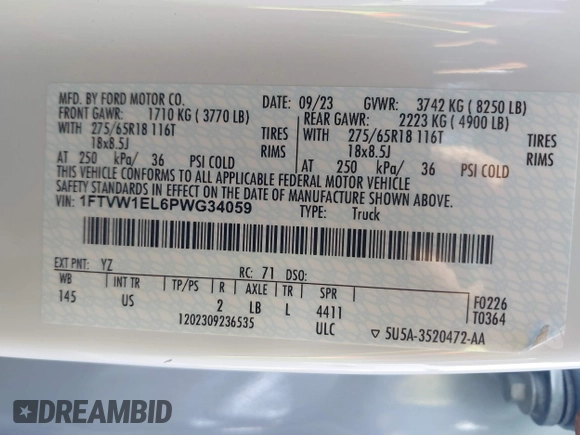 2023 Ford F-150 Lightning Pro with VIN 1FTVW1EL6PWG34059, listed as a IAAI auction lot 42010900 with 20,759 mi miles and . Bid and sale history available at DreamBid. Image 9.