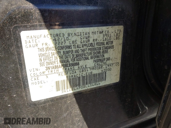 2011 Nissan Sentra 2.0 z VIN 3N1AB6AP0BL656866, wystawiony jako IAAI lot #41432214 z przebiegiem 166 537 mil mil oraz . Historia ofert i sprzedaży dostępna na DreamBid. Obrazek 9.
