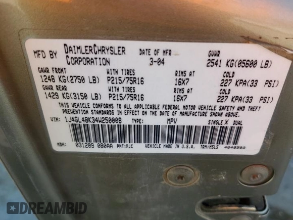 2004 Jeep Liberty Sport with VIN 1J4GL48K34W250008, listed as a Copart auction lot 53067095 with 161,266 mi miles and Salvage Title. Bid and sale history available at DreamBid. Image 14.