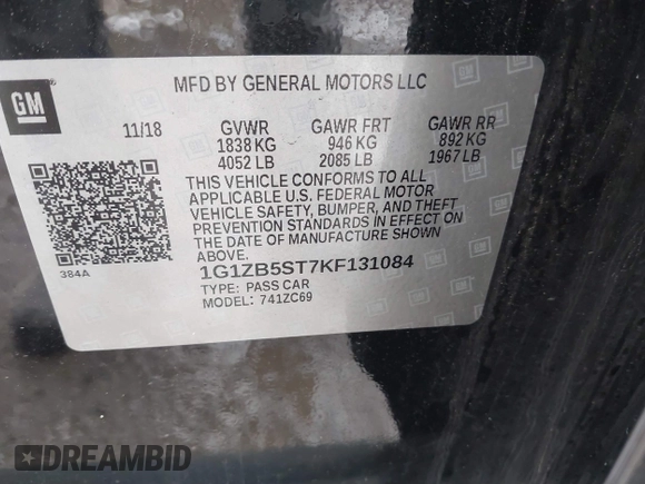 2019 Chevrolet Malibu LS with VIN 1G1ZB5ST7KF131084, listed as a IAAI auction lot 41726724 with 125,388 mi miles and . Bid and sale history available at DreamBid. Image 9.