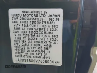 2000 Isuzu Trooper S z VIN JACDS58X9Y7J08094, wystawiony jako IAAI lot #41818546 z przebiegiem 154 927 mil mil oraz . Historia ofert i sprzedaży dostępna na DreamBid. Obrazek 9.
