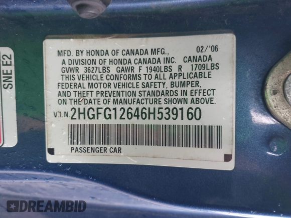 2006 Honda Civic Cpe LX with VIN 2HGFG12646H539160, listed as a IAAI auction lot 41935063 with 223,824 mi miles. Bid and sale history available at carsss.com. Image 9.