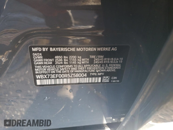 2024 BMW X1 xDrive28i with VIN WBX73EF00R5Z58004, listed as a Copart auction lot 49554055 with 4,053 mi miles and Salvage title. Bid and sale history available at DreamBid. Image 13.
