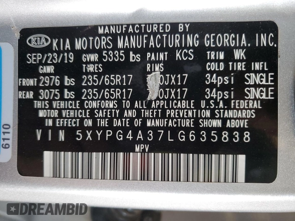 2020 Kia Sorento L with VIN 5XYPG4A37LG635838, listed as a Copart auction lot 46695955 with 119,545 mi miles and Salvage Title. Bid and sale history available at DreamBid. Image 13.