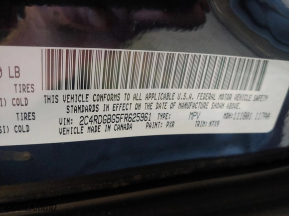 2015 Dodge Grand Caravan American Value Pkg with VIN 2C4RDGBG5FR625961, listed as a Copart auction lot 53966005 with 200,445 mi miles and Clean Title. Bid and sale history available at carsss.com. Image 10.