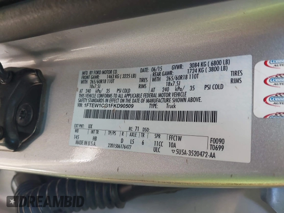 2015 Ford F-150 XL with VIN 1FTEW1CG1FKD90509, listed as a IAAI auction lot 41338124 with 171,918 mi miles and . Bid and sale history available at DreamBid. Image 9.