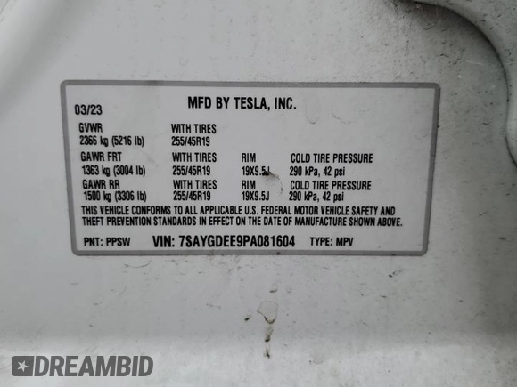 2023 Tesla Model Y Long Range z VIN 7SAYGDEE9PA081604, wystawiony jako Copart lot #60163785 z przebiegiem 42 134 mil mil oraz Szkoda całkowita • Salvage title. Historia ofert i sprzedaży dostępna na DreamBid. Obrazek 13.