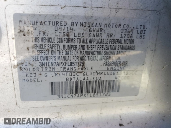 2015 Nissan Versa SV with VIN 3N1CN7APXFL851725, listed as a Copart auction lot 45747845 with 151,719 mi miles and Salvage title. Bid and sale history available at DreamBid. Image 12.