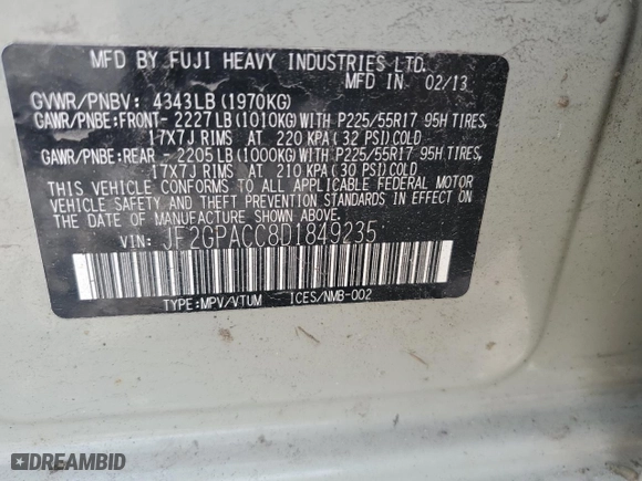 2013 Subaru XV Crosstrek Premium with VIN JF2GPACC8D1849235, listed as a Copart auction lot 68396814 with 0 mi miles and Salvage Title. Bid and sale history available at carsss.com. Image 15.