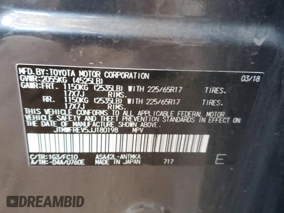 2018 Toyota RAV4 XLE with VIN JTMWFREV5JJ180198, listed as a Copart auction lot 52440575 with 43,707 mi miles and Salvage Title. Bid and sale history available at DreamBid. Image 14.