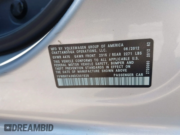 2013 Volkswagen Passat SE with VIN 1VWBH7A36DC001528, listed as a IAAI auction lot 42568026 with 186,814 mi miles and . Bid and sale history available at DreamBid. Image 9.