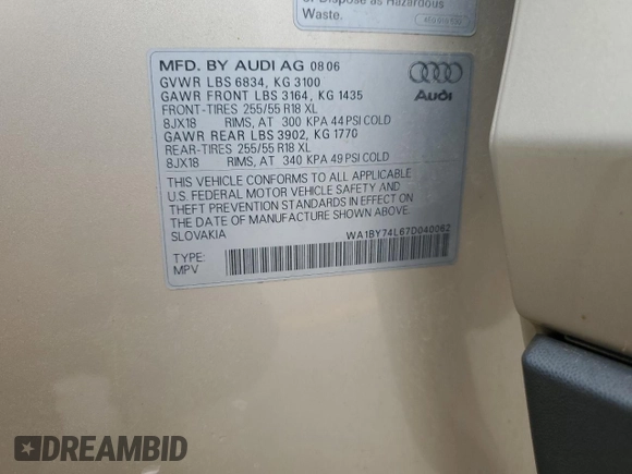 2007 Audi Q7 Premium с VIN WA1BY74L67D040062, выставлен на аукционе Copart как лот 61904725 с пробегом 120 075 миль миль и Списание • Salvage title. История ставок и продаж доступна на DreamBid. Изображение 12.