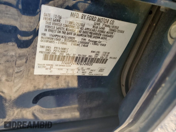 2007 Ford Five Hundred SEL z VIN 1FAHP24187G149020, wystawiony jako Copart lot #48133675 z przebiegiem 127 394 mil mil oraz Szkoda całkowita • Salvage title. Historia ofert i sprzedaży dostępna na DreamBid. Obrazek 12.