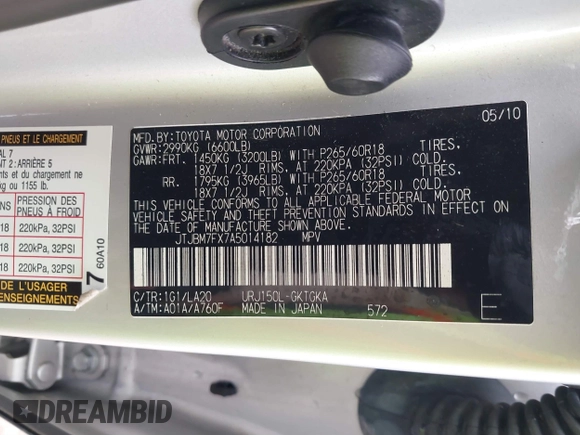 2010 Lexus GX 460 with VIN JTJBM7FX7A5014182, listed as a IAAI auction lot 41500959 with 183,832 mi miles and . Bid and sale history available at DreamBid. Image 9.