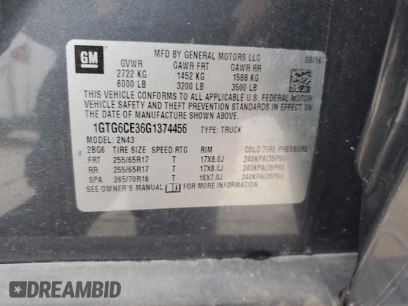 2016 GMC Canyon 4WD SLE with VIN 1GTG6CE36G1374456, listed as a Copart auction lot 52864115 with 63,892 mi miles and Salvage title. Bid and sale history available at DreamBid. Image 12.