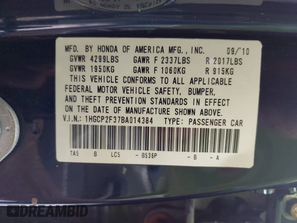 2011 Honda Accord LX with VIN 1HGCP2F37BA014384, listed as a IAAI auction lot 42423636 with 318,867 mi miles and . Bid and sale history available at DreamBid. Image 9.