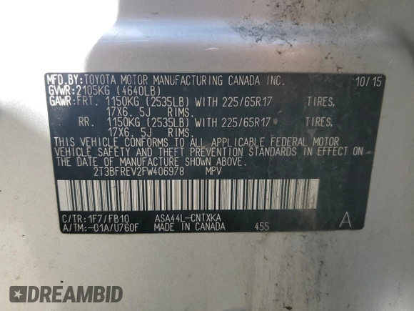 2015 Toyota RAV4 LE with VIN 2T3BFREV2FW406978, listed as a Copart auction lot 58397465 with 129,870 mi miles and Salvage title. Bid and sale history available at DreamBid. Image 12.