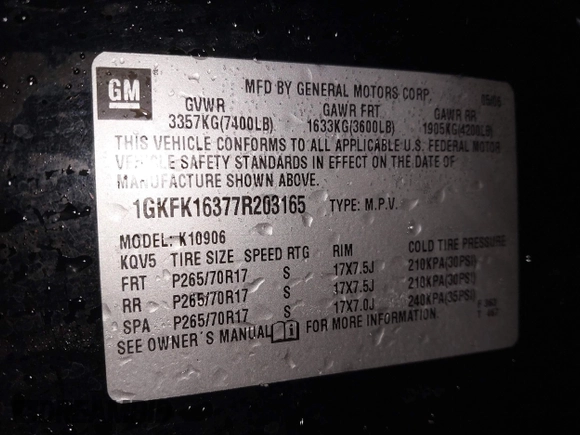 2007 GMC Yukon XL SLT with VIN 1GKFK16377R203165, listed as a IAAI auction lot 41622346 with 315,618 mi miles. Bid and sale history available at carsss.com. Image 9.