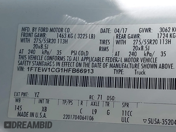 2017 Ford F-150 XL with VIN 1FTEW1CG1HFB66913, listed as a IAAI auction lot 41860989 with 50,539 mi miles. Bid and sale history available at carsss.com. Image 9.