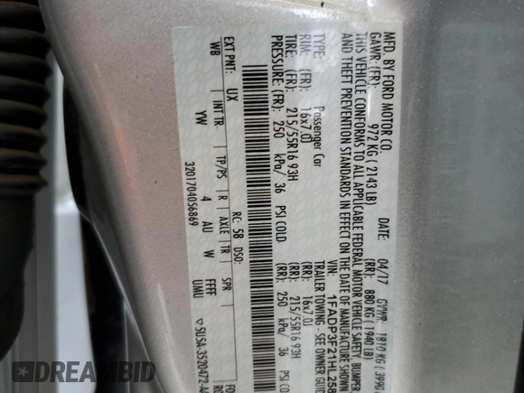 2017 Ford Focus SE with VIN 1FADP3F21HL258115, listed as a Copart auction lot 60151275 with 42,450 mi miles and Salvage title. Bid and sale history available at DreamBid. Image 12.