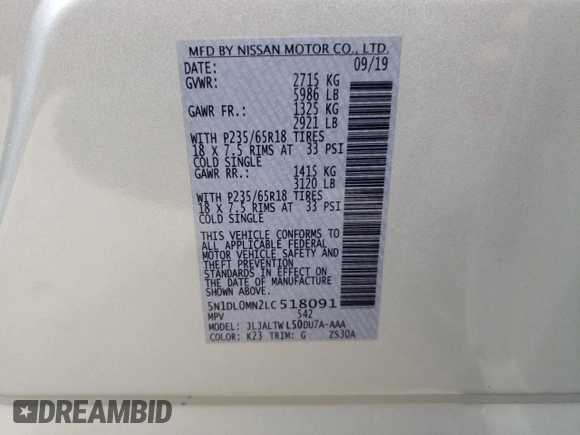 2020 Infiniti QX60 Luxe with VIN 5N1DL0MN2LC518091, listed as a Copart auction lot 49186435 with 29,563 mi miles and Salvage Title. Bid and sale history available at DreamBid. Image 15.