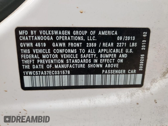 2014 Volkswagen Passat SEL Premium with VIN 1VWCS7A37EC031578, listed as a Copart auction lot 88083095 with 180,582 mi miles and Clean Title. Bid and sale history available at carsss.com. Image 12.