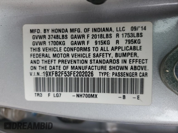 2015 Honda Civic LX with VIN 19XFB2F53FE202026, listed as a Copart auction lot 53326035 with 78,901 mi miles and Salvage Title. Bid and sale history available at DreamBid. Image 13.